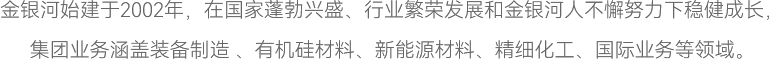 金銀河始建于2002年，在國(guó)家蓬勃興盛、行業(yè)繁榮發(fā)展和金銀河人不懈努力下穩(wěn)健成長(zhǎng)，
集團(tuán)業(yè)務(wù)涵蓋裝備制造 、有機(jī)硅材料、新能源材料、精細(xì)化工、國(guó)際業(yè)務(wù)等領(lǐng)域。